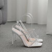 Popular chain Rhinestone strap simple thin heel super high heel sexy sandals-White S-445 - Thumbnail 8