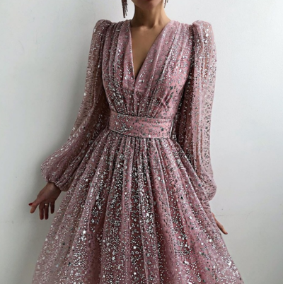 Long Sleeve V-neck High Waist Slim Dress