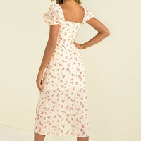 Retro Puff Sleeve Floral Slim Slit Dress - Thumbnail 2