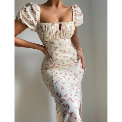 Retro Puff Sleeve Floral Slim Slit Dress