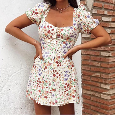 Sweet printed high waist short sleeve puff sleeve dress