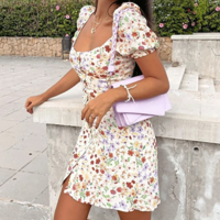 Sweet Printed High Waist Short Sleeve Puff Sleeve Dress - Thumbnail 3