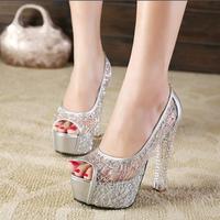 Gauze crystal heel thick high heeled women's sandals S-458 - Thumbnail 4