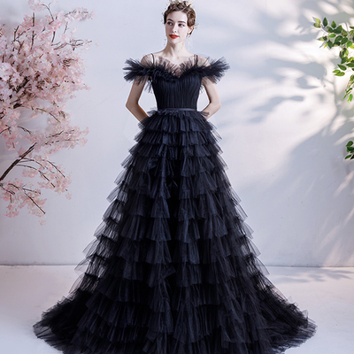 Black tulle long a line prom dress evening dress - Thumbnail 4