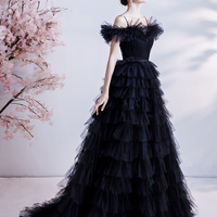 Black tulle long A line prom dress evening dress - Thumbnail 1