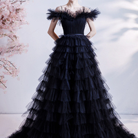 Black tulle long A line prom dress evening dress - Thumbnail 2