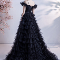 Black tulle long A line prom dress evening dress - Thumbnail 4