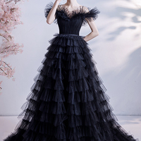 Black tulle long A line prom dress evening dress - Thumbnail 3