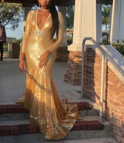 V Neck Gold Prom Dresses Sequins