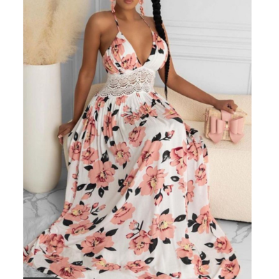 V-neck floral sexy lace sling dress