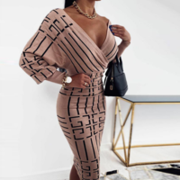 Long Sleeve Women's Printed V-Neck Dress - Thumbnail 2