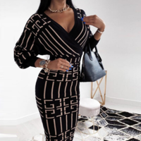 Long Sleeve Women's Printed V-Neck Dress - Thumbnail 1