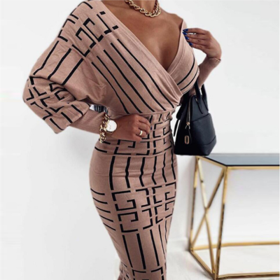 Long sleeve women's printed v-neck dress