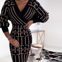 Long Sleeve Women's Printed V-Neck Dress - Thumbnail 3