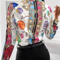 Fashion Printed Long Sleeve Slim Chiffon Top Shirt - Thumbnail 2