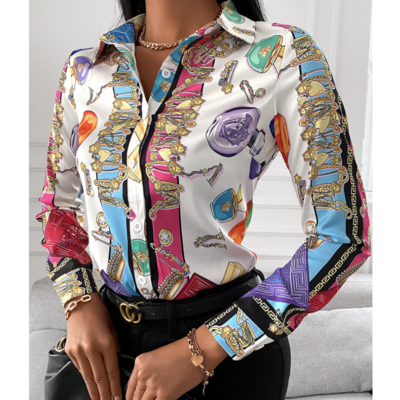 Fashion printed long sleeve slim chiffon top shirt