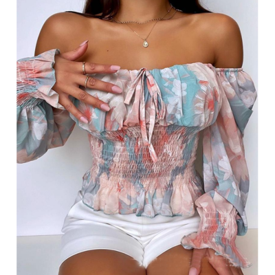 Casual women's floral print one-neck blouse