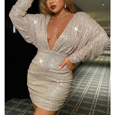 Long Sleeve Women'S V-Neck Sequin Dress