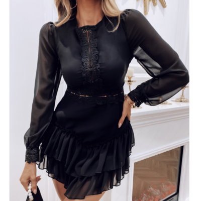 Women solid color stitching lace flouncing dress