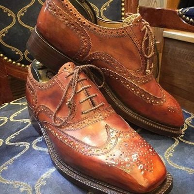 Men handmade classic cheap price wingtip brownish leather lace up shoes