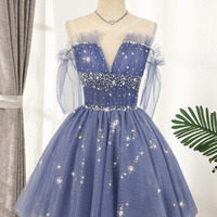 Blue tulle sequins short A line prom dress party dress - Thumbnail 6