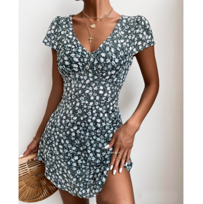 Short Sleeve Women'S V-Neck Printed Dress