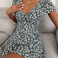 Short Sleeve Women'S V-Neck Printed Dress - Thumbnail 3
