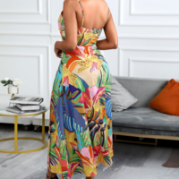 V-Neck Women'S Printed Sling Strap High Waist Dress - Thumbnail 2