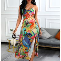 V-Neck Women'S Printed Sling Strap High Waist Dress - Thumbnail 3