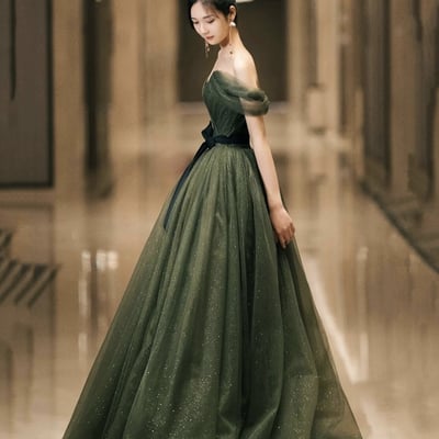 Green tulle long a line prom dress evening dress - Thumbnail 3