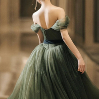 Green Tulle Long A Line Prom Dress Evening Dress - Thumbnail 3