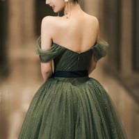 Green Tulle Long A Line Prom Dress Evening Dress - Thumbnail 4