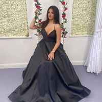 Simple A-Line V Neck Black Satin Long Prom Evening Dresses - Thumbnail 3