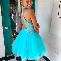 Cute A Line High Neck Lake Blue Short Homecoming Dress with Appliques - Thumbnail 1