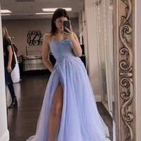 Beautiful A Line Spaghetti Straps Lavender Long Prom Dresses with Beading - Thumbnail 1
