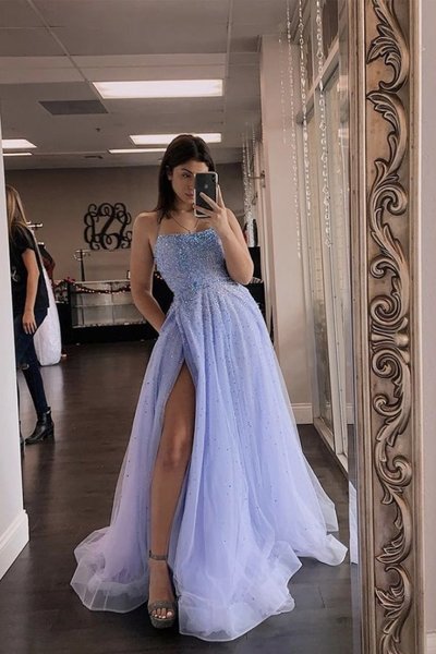 Beautiful A Line Spaghetti Straps Lavender Long Prom Dresses with Beading