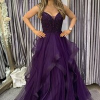 Exquisite A-Line V Neck Grape Tulle Prom Evening Dresses with Beading - Thumbnail 1