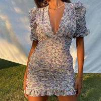 Slim V-neck Puff Sleeve Wrapped Hip Dress - Thumbnail 1