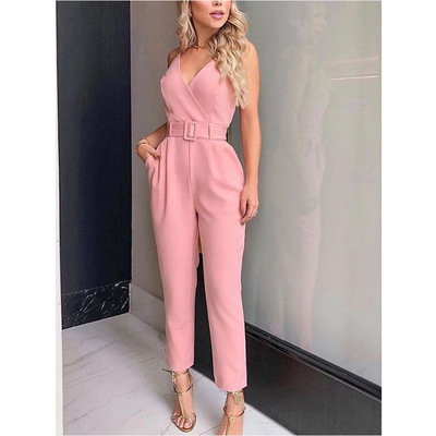 Women's solid color v-neck casual sexy jumpsuit - Thumbnail 4
