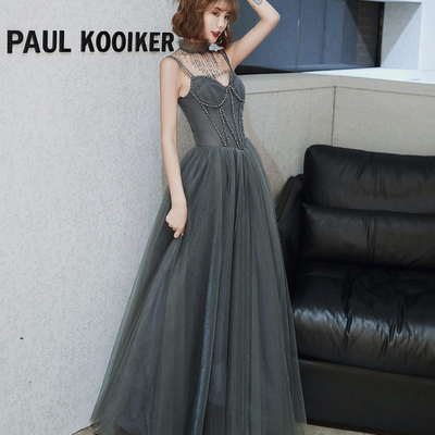 Gray tulle long a line prom dress evening dress - Thumbnail 3