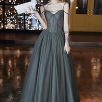 Gray tulle long A line prom dress evening dress - Thumbnail 1