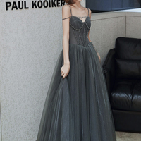 Gray tulle long A line prom dress evening dress - Thumbnail 2