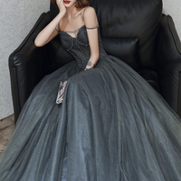 Gray tulle long A line prom dress evening dress - Thumbnail 3