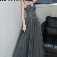 Gray tulle long A line prom dress evening dress - Thumbnail 8