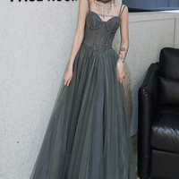 Gray tulle long A line prom dress evening dress - Thumbnail 4