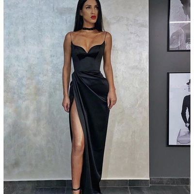 Sp1481,sexy black spaghetti straps mermaid prom party evening dress with high split - Thumbnail 5