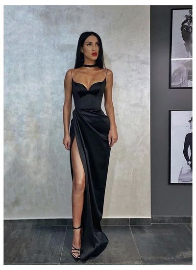 SP1481,Sexy Black Spaghetti Straps Mermaid Prom Party Evening Dress with High Split