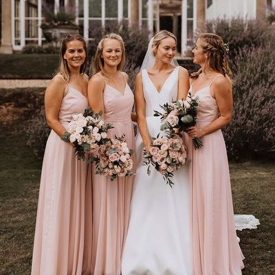 SP1484,Pink A-Line V Neck Chiffon Long Bridesmaid Dresses,Pink Long Wedding Party Gown