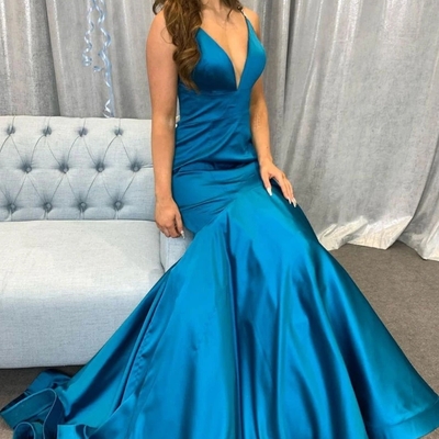 Sp1485,simple v neck peacock blue satin mermaid long prom dress trumpet blue evening dress - Thumbnail 3