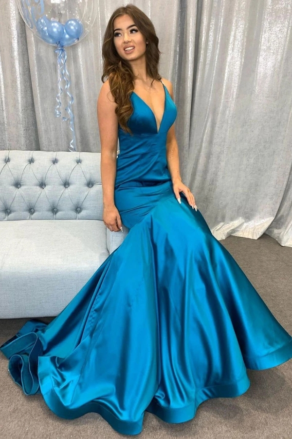 SP1485,Simple v neck peacock blue satin mermaid long prom dress trumpet blue evening dress